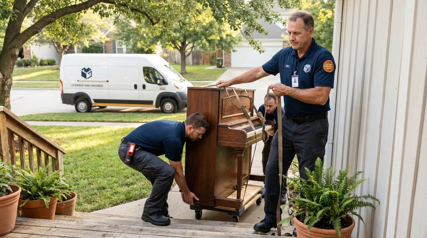 Licensed piano movers securing grand piano in Murphy, NC