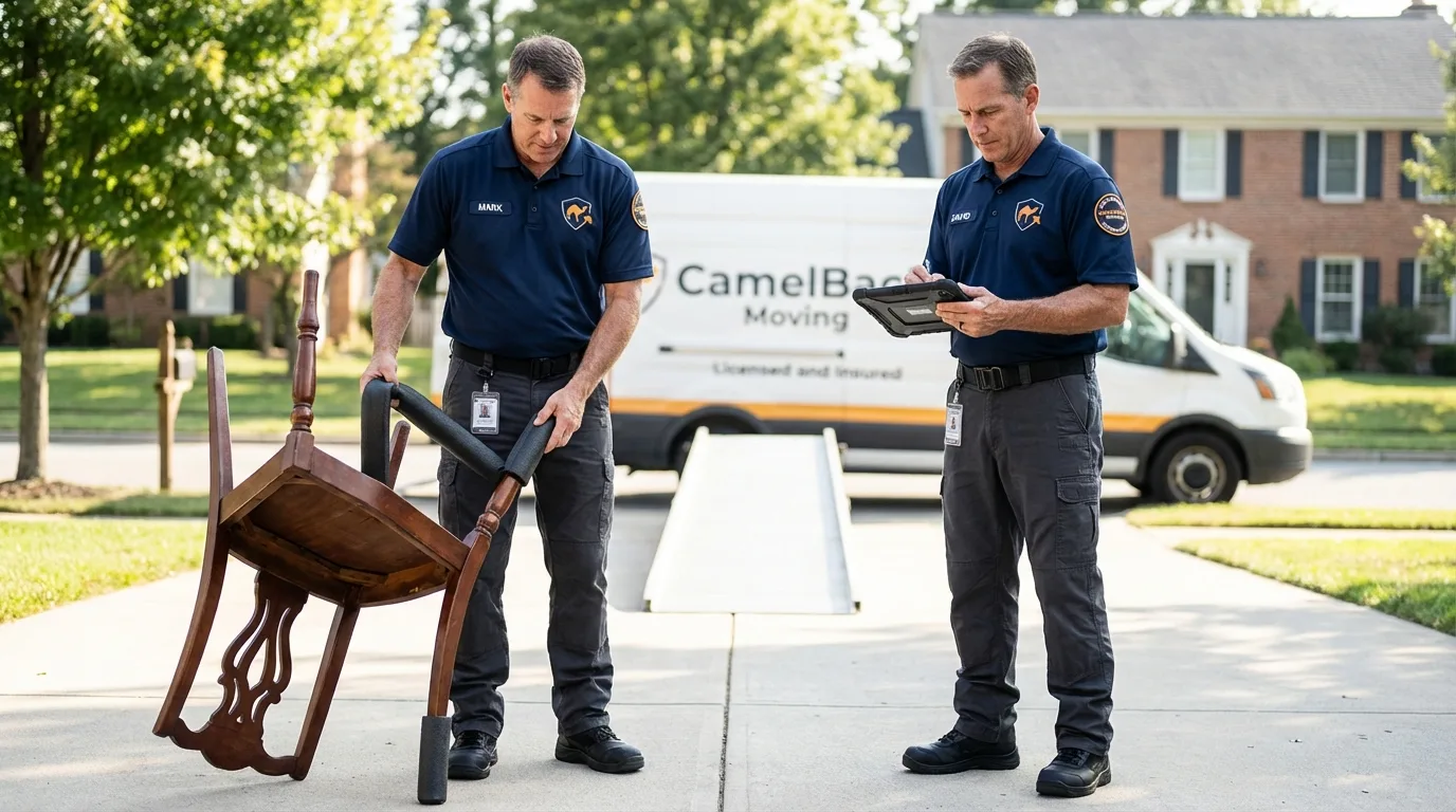 Movers inspecting furniture for damage prevention before loading in Murphy, NC