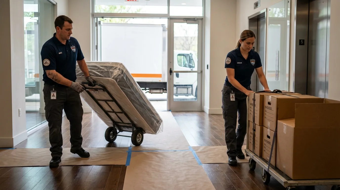 Professional apartment movers loading elevator in Murphy, NC